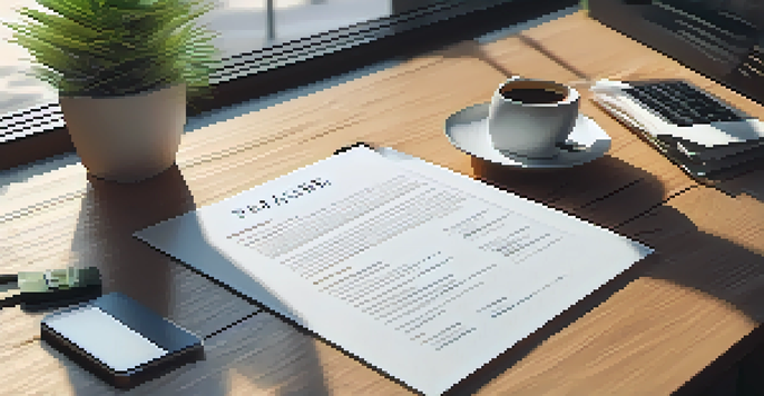 A detailed view of a modern resume on a wooden desk, surrounded by a laptop, coffee cup, and plant, with warm lighting.