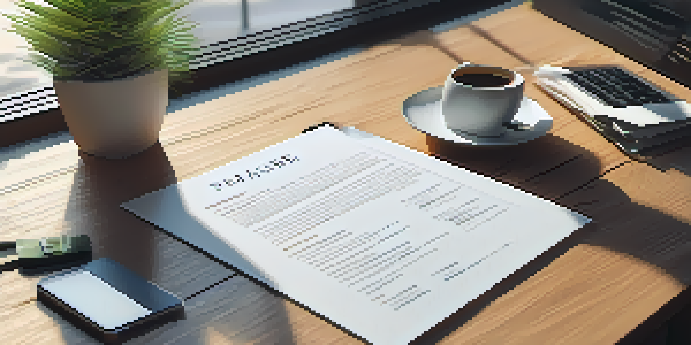 A detailed view of a modern resume on a wooden desk, surrounded by a laptop, coffee cup, and plant, with warm lighting.