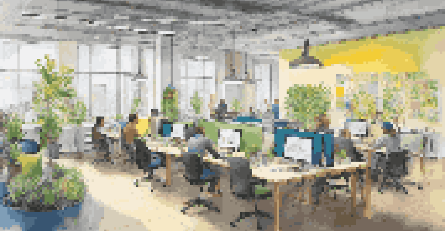 An open-plan office designed for collaboration and innovation, with teams brainstorming and colorful decor.