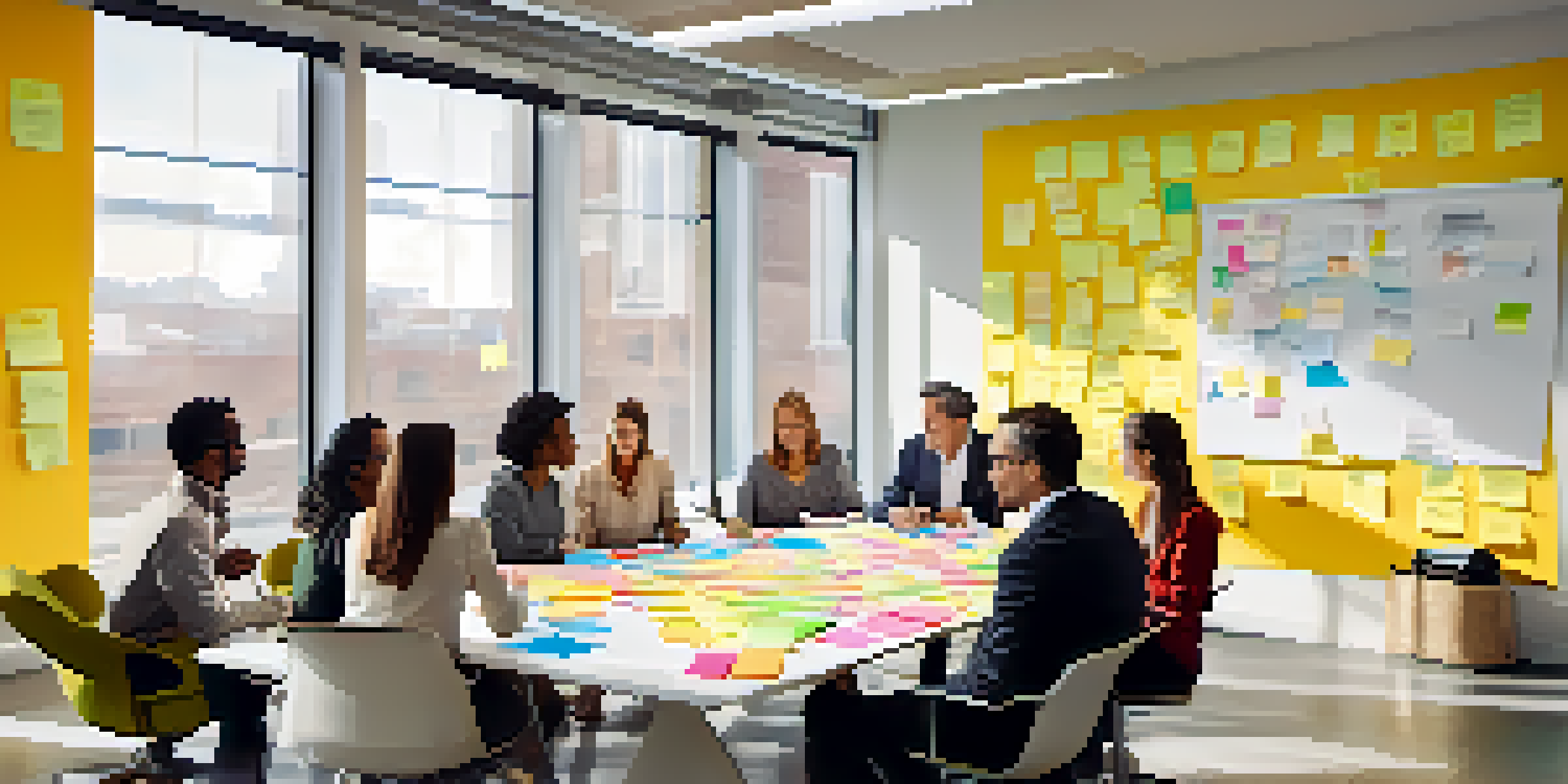 A diverse group of employees discussing ideas in a bright, modern conference room filled with natural light.