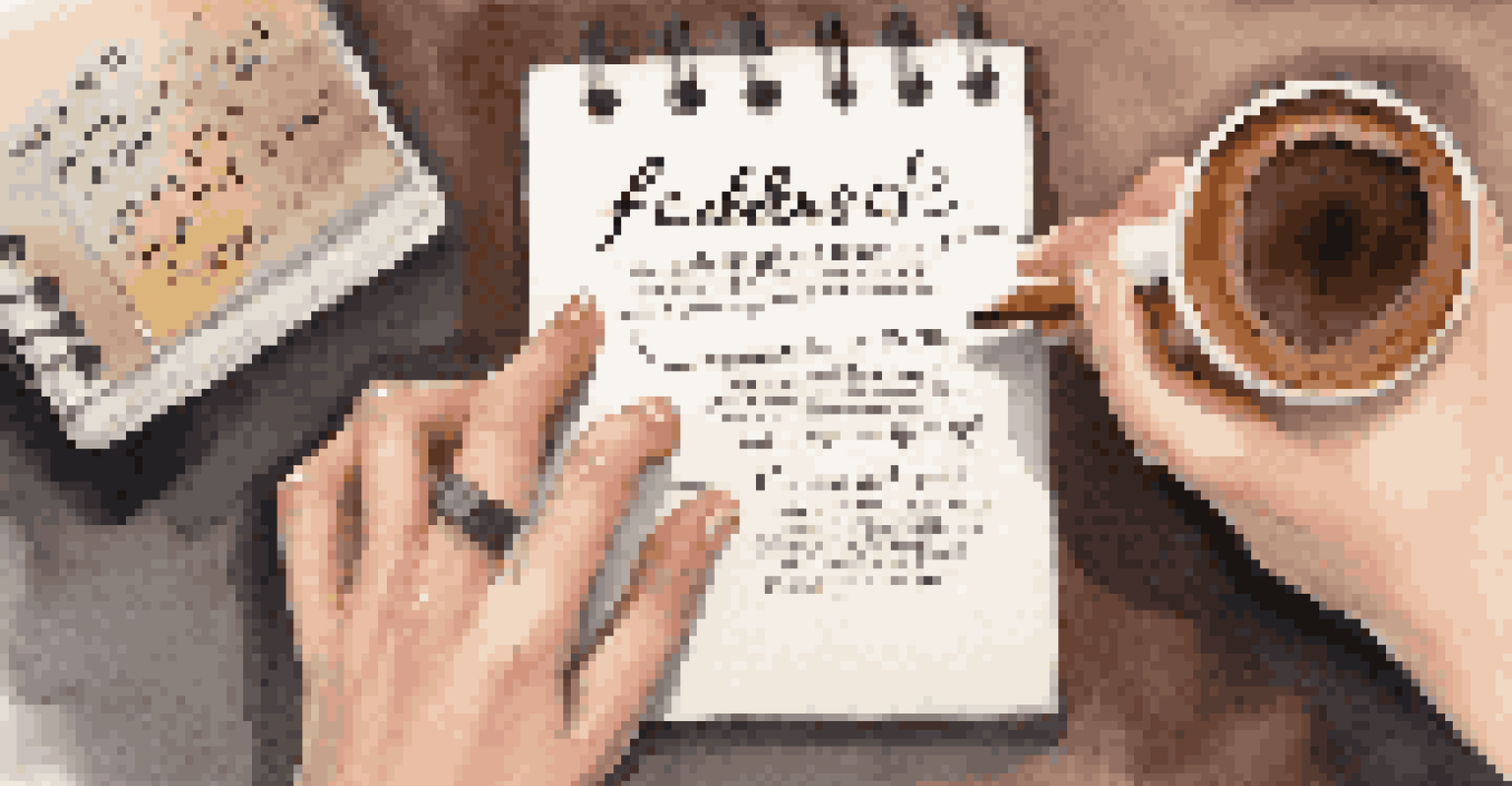 Close-up of hands writing on a notepad with motivational quotes about feedback in a cozy coffee shop.