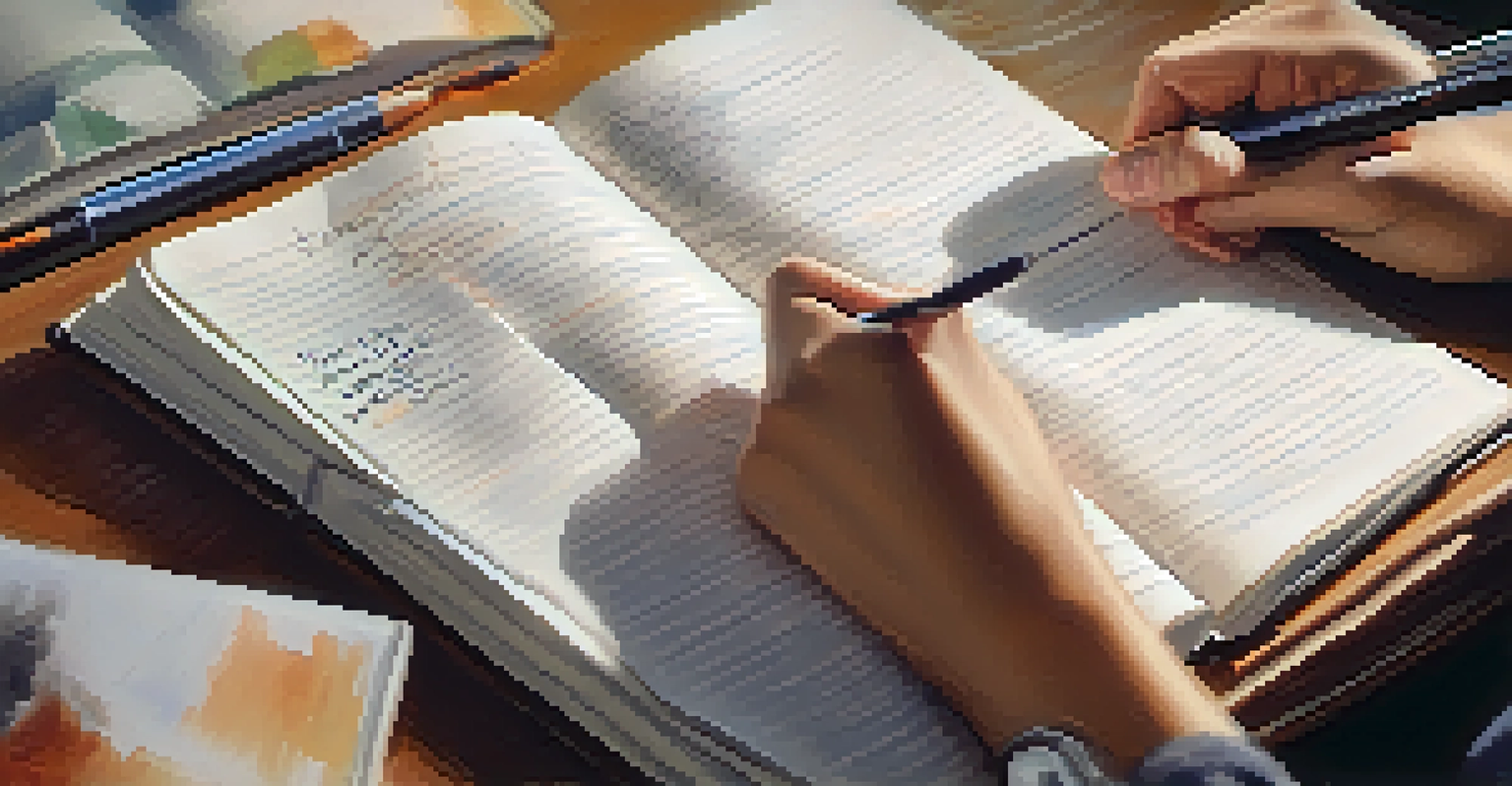 A close-up of a person writing in a journal with motivational quotes blurred in the background.