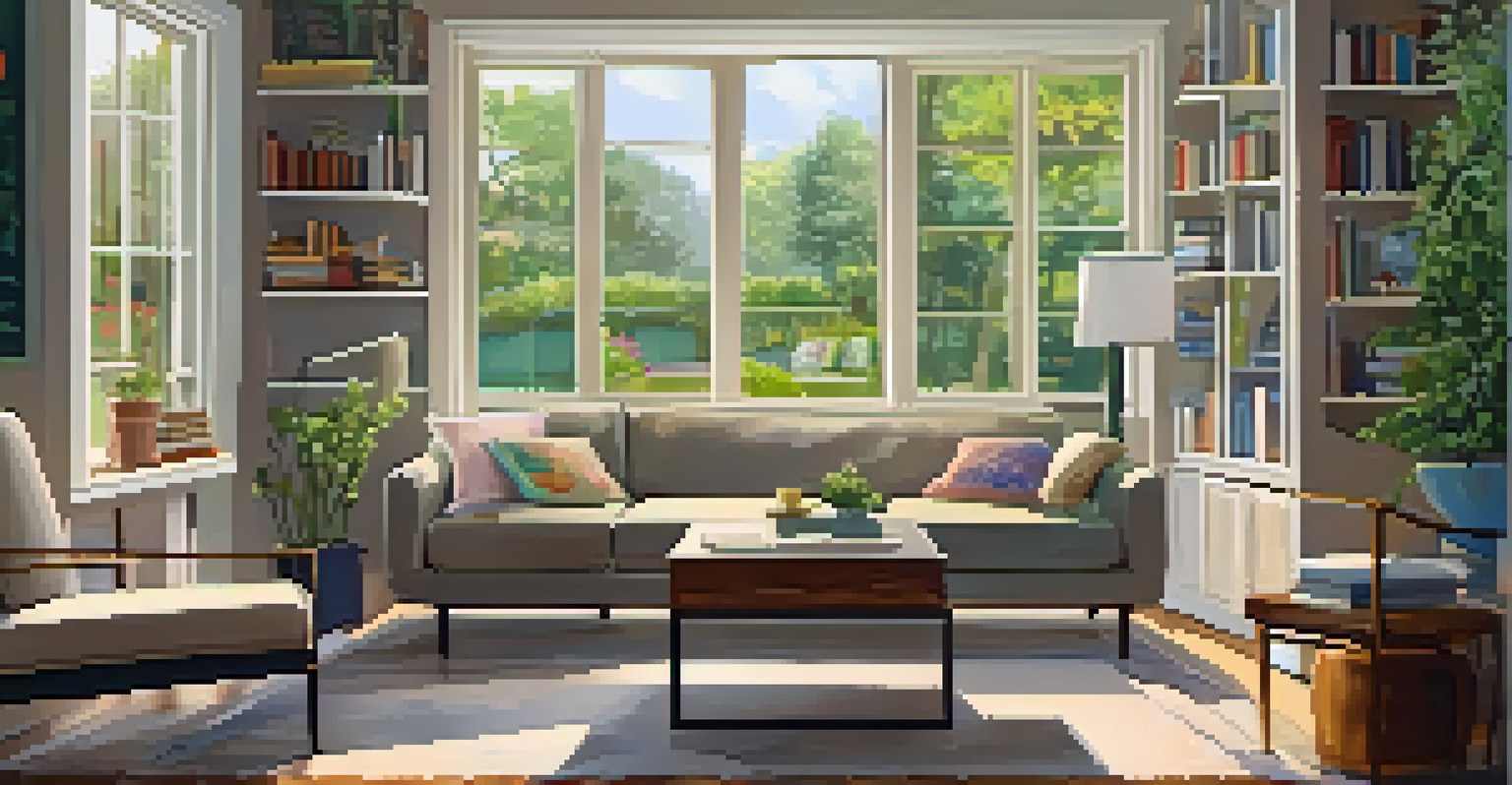 A cozy living room with a comfortable sofa, cushions, bookshelf, and a view of a garden through the window.