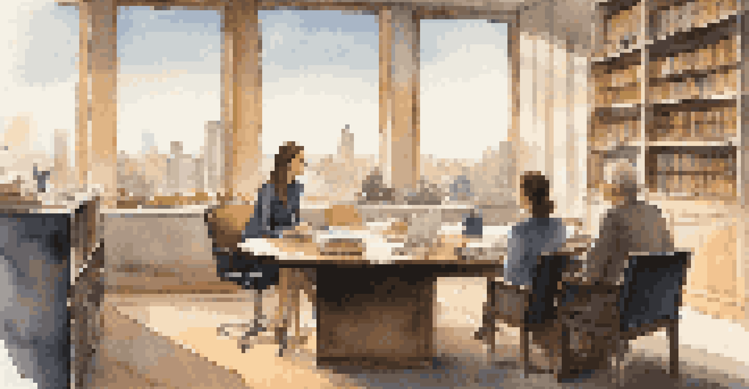 A mentor and mentee discussing at a round table in a cozy office space with bookshelves and a city view.