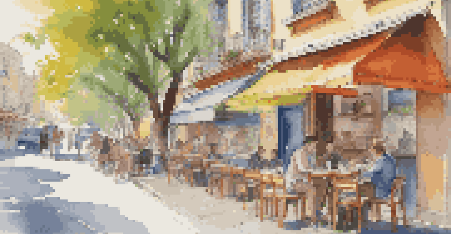 A freelancer working on a laptop at a café terrace, surrounded by a lively street view.