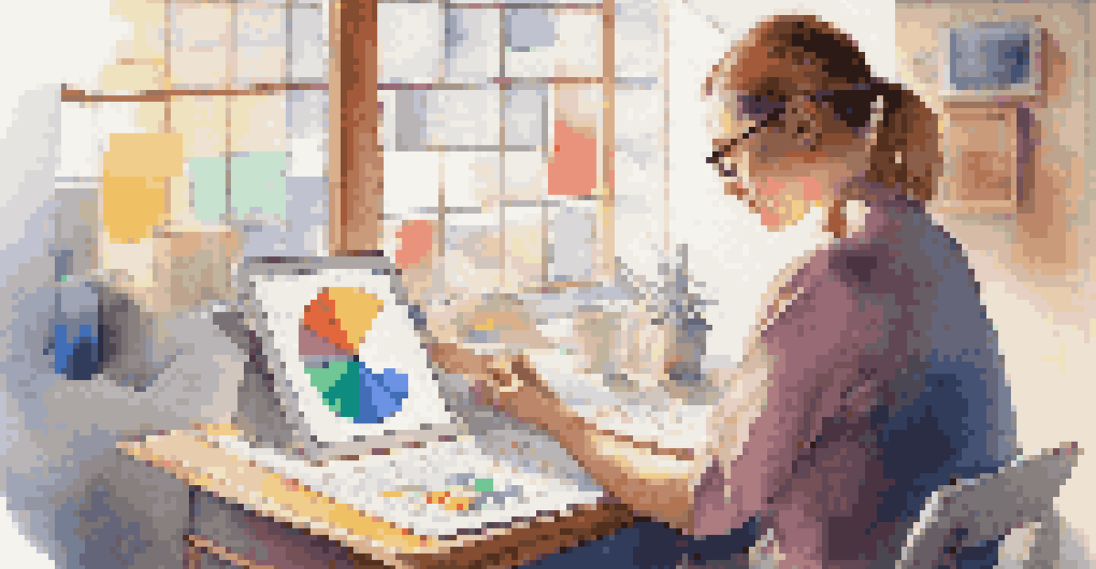 A person reviewing a digital portfolio on a tablet with colorful charts and images in a bright room.