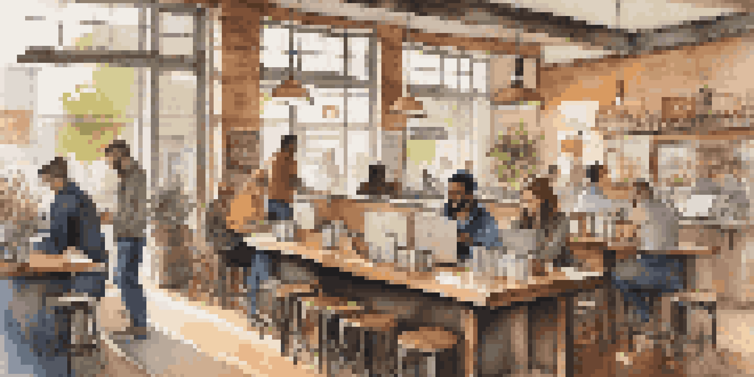 A lively cafe with freelancers working on laptops, showcasing a warm and inviting atmosphere with natural light.