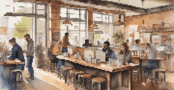 A lively cafe with freelancers working on laptops, showcasing a warm and inviting atmosphere with natural light.