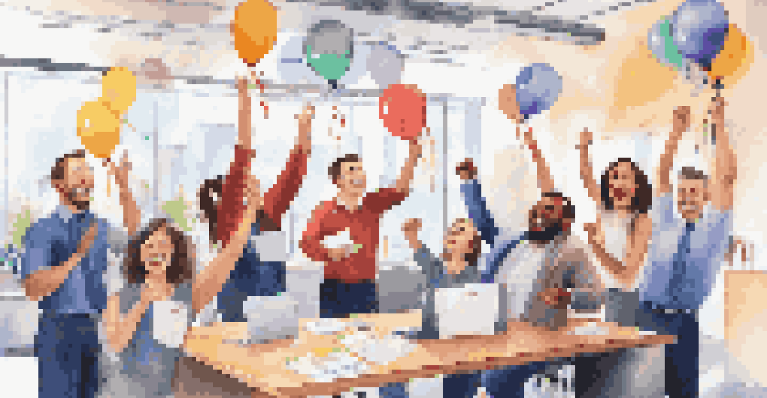A corporate team celebrating success with smiles and applause, surrounded by colorful decorations and a certificate of achievement.