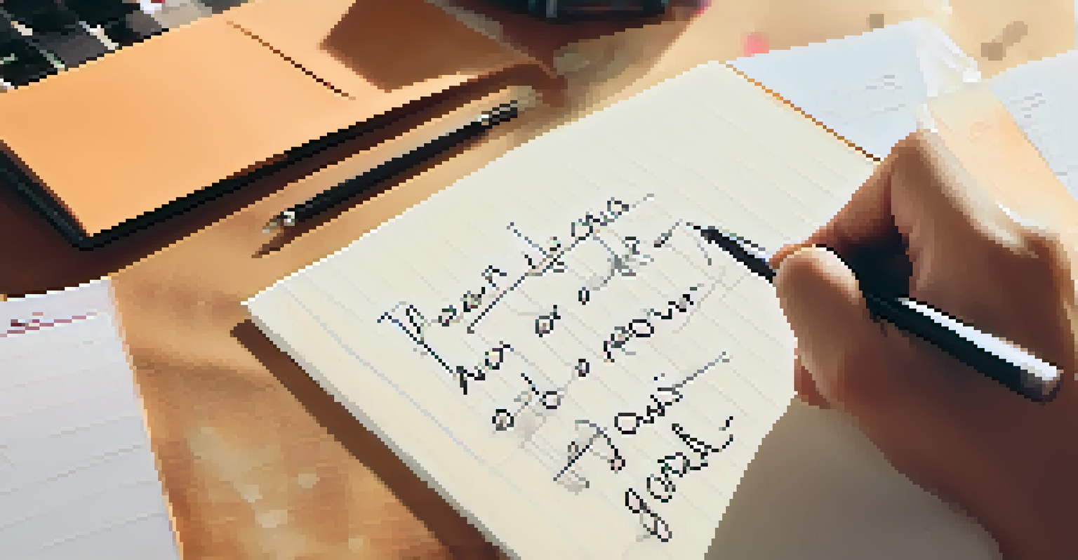 A close-up of a hand writing goals on a notepad with motivational quotes pinned on a corkboard in the background.