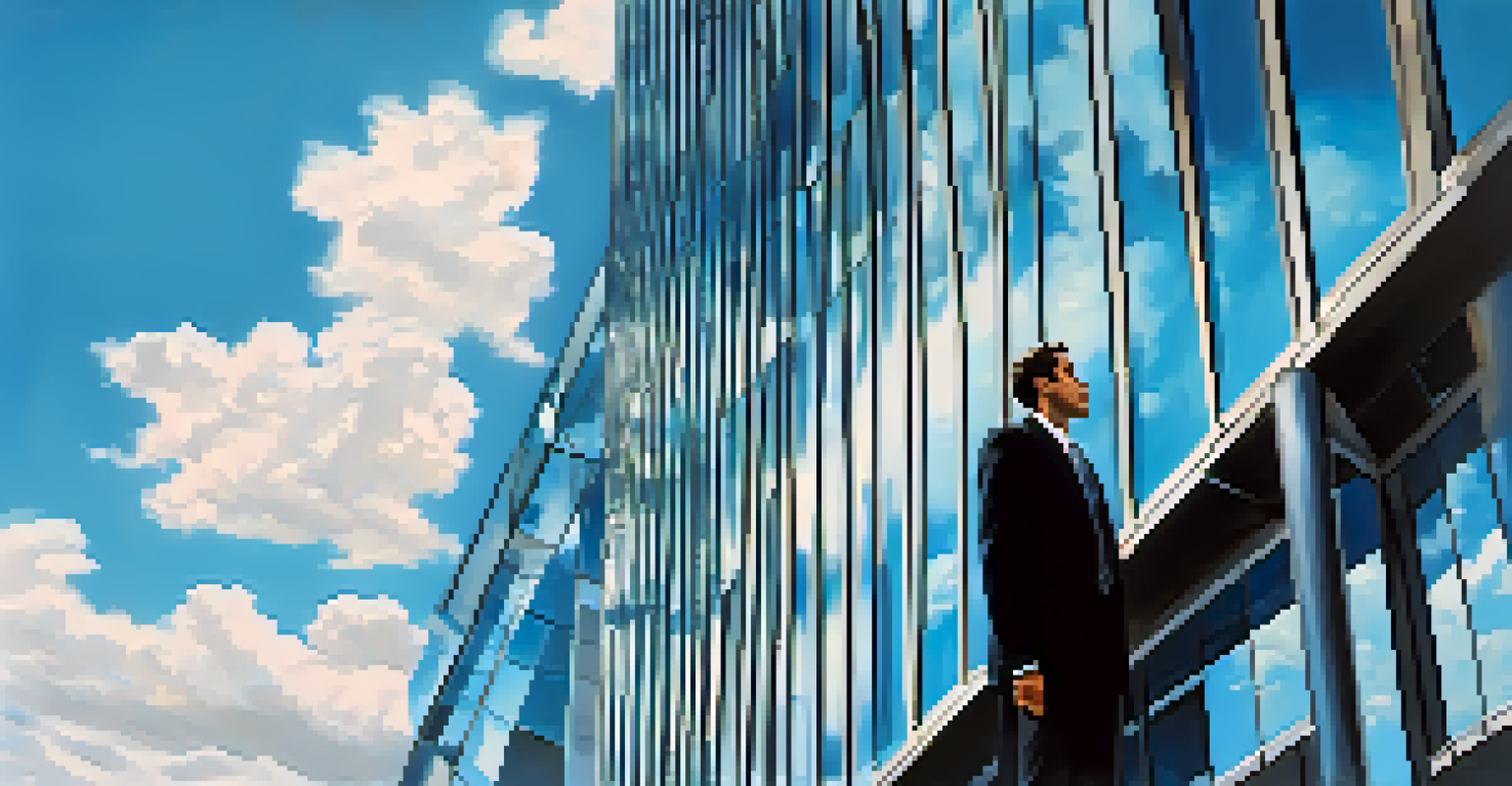 A person in business attire looking up at a tall corporate building with a glass facade reflecting the sky.