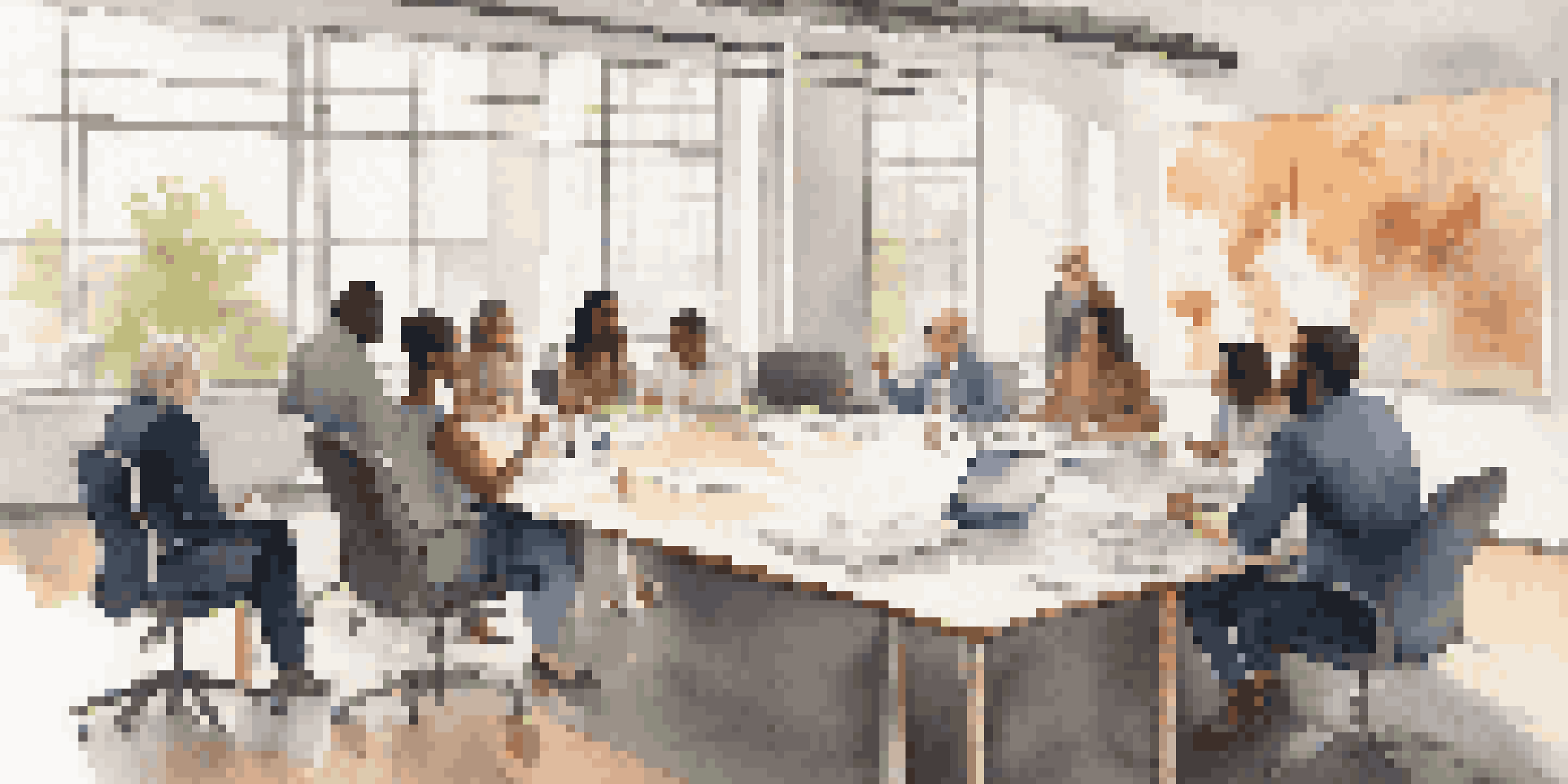 A diverse group of professionals in a meeting, showcasing various ethnic backgrounds and genders, collaborating around a conference table filled with charts and laptops, illuminated by natural light.