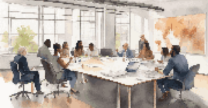 A diverse group of professionals in a meeting, showcasing various ethnic backgrounds and genders, collaborating around a conference table filled with charts and laptops, illuminated by natural light.