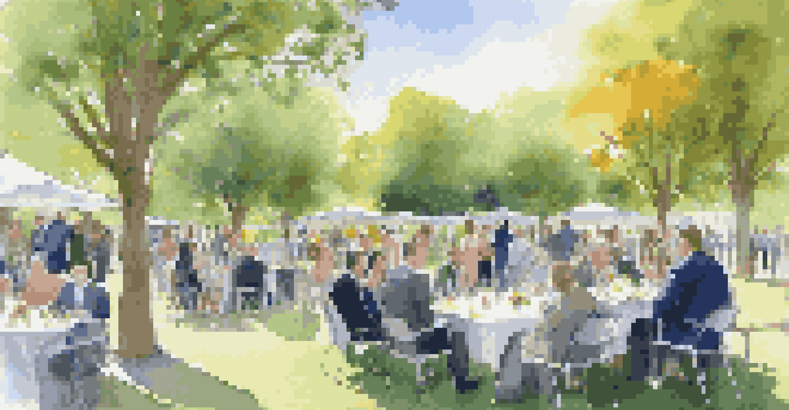 A networking event in a sunny park, where professionals are mingling and sharing ideas around tables with fresh flowers.