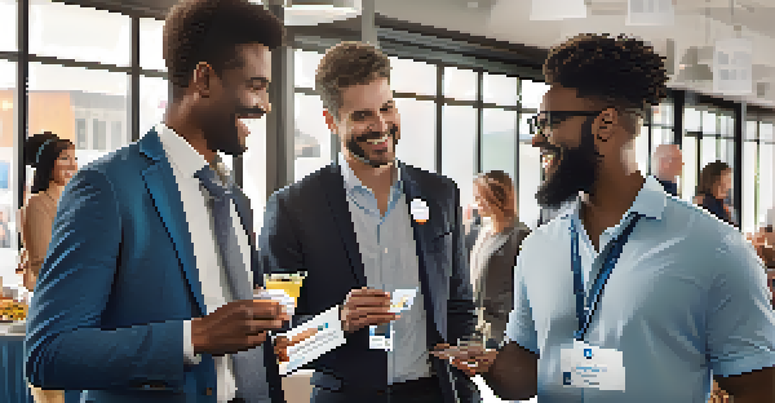 A diverse group of professionals networking at an event, exchanging business cards with a LinkedIn banner in the background.