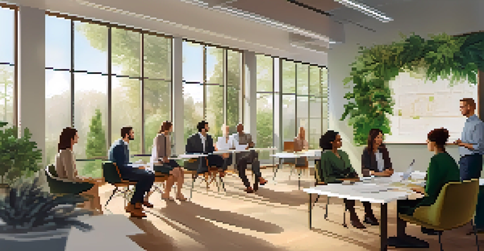 A diverse group of professionals in a bright office engaged in a collaborative meeting, showing empathy and emotional intelligence.