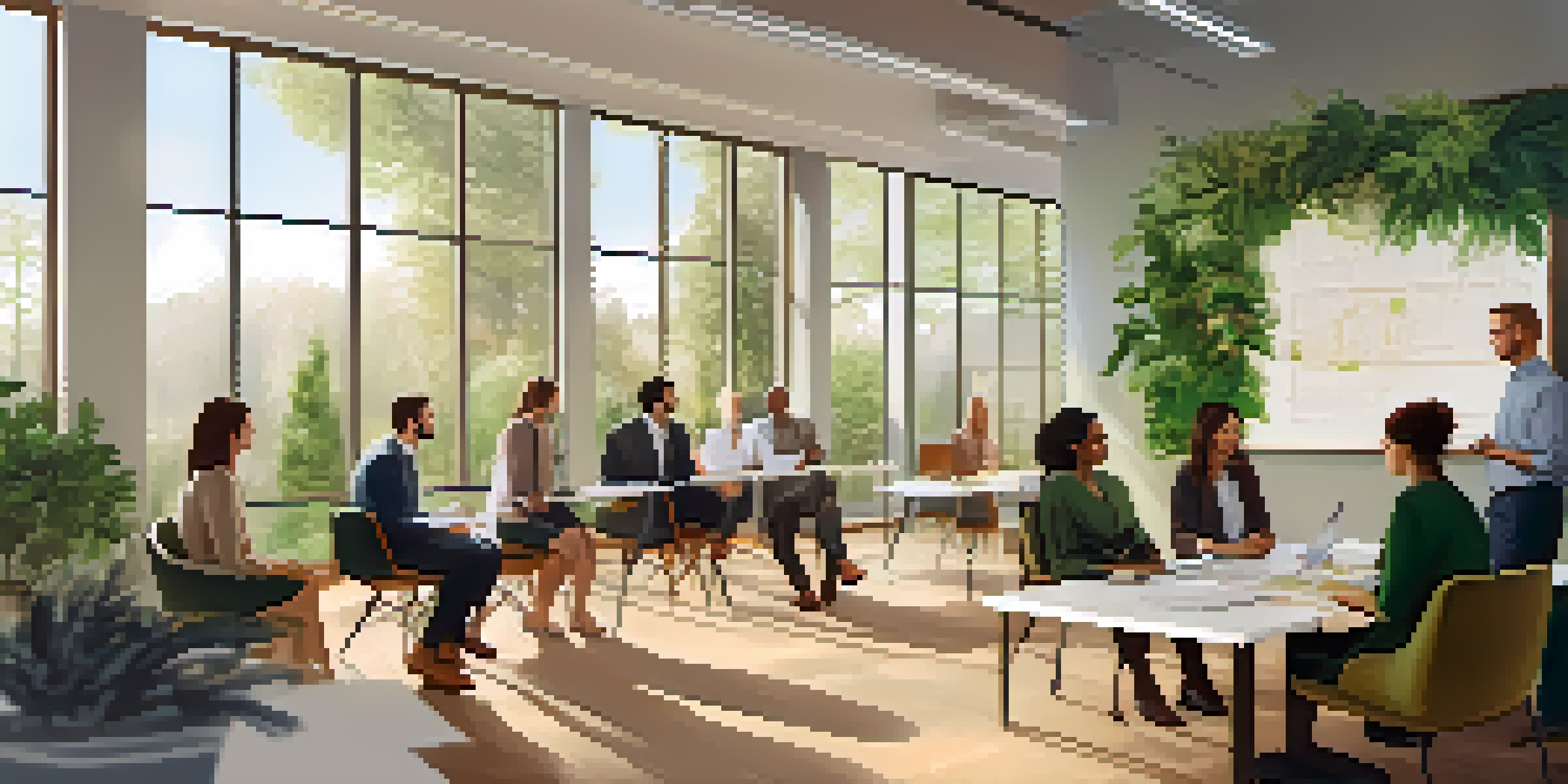 A diverse group of professionals in a bright office engaged in a collaborative meeting, showing empathy and emotional intelligence.