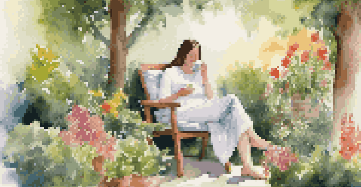A person enjoying tea in a garden filled with flowers, sunlight filtering through the leaves, promoting relaxation.