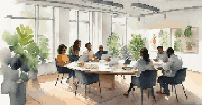 A diverse group of professionals in a bright office discussing feedback around a round table.