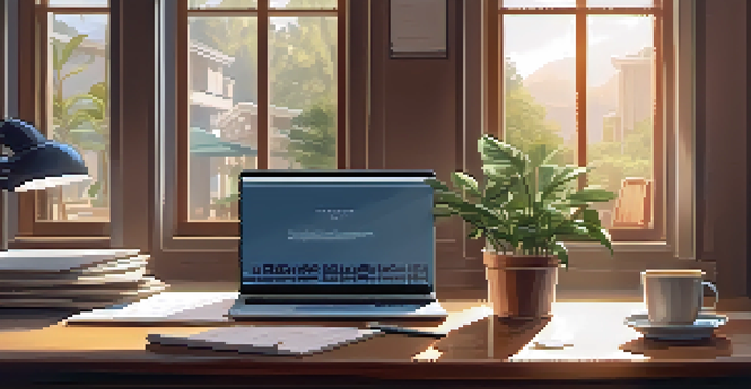 A well-lit office space with a wooden desk, laptop, notepad, potted plant, and coffee cup, conveying a sense of calm and productivity.