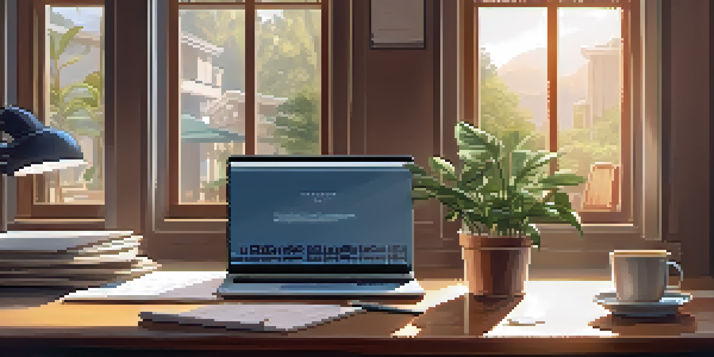 A well-lit office space with a wooden desk, laptop, notepad, potted plant, and coffee cup, conveying a sense of calm and productivity.