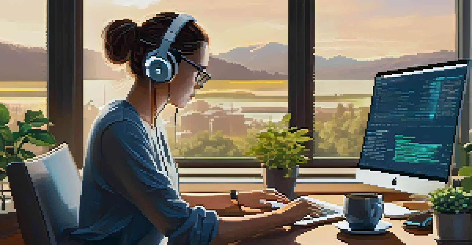 A close-up of a person coding on a laptop in a cozy workspace, with multiple screens showing data analytics and warm lighting.