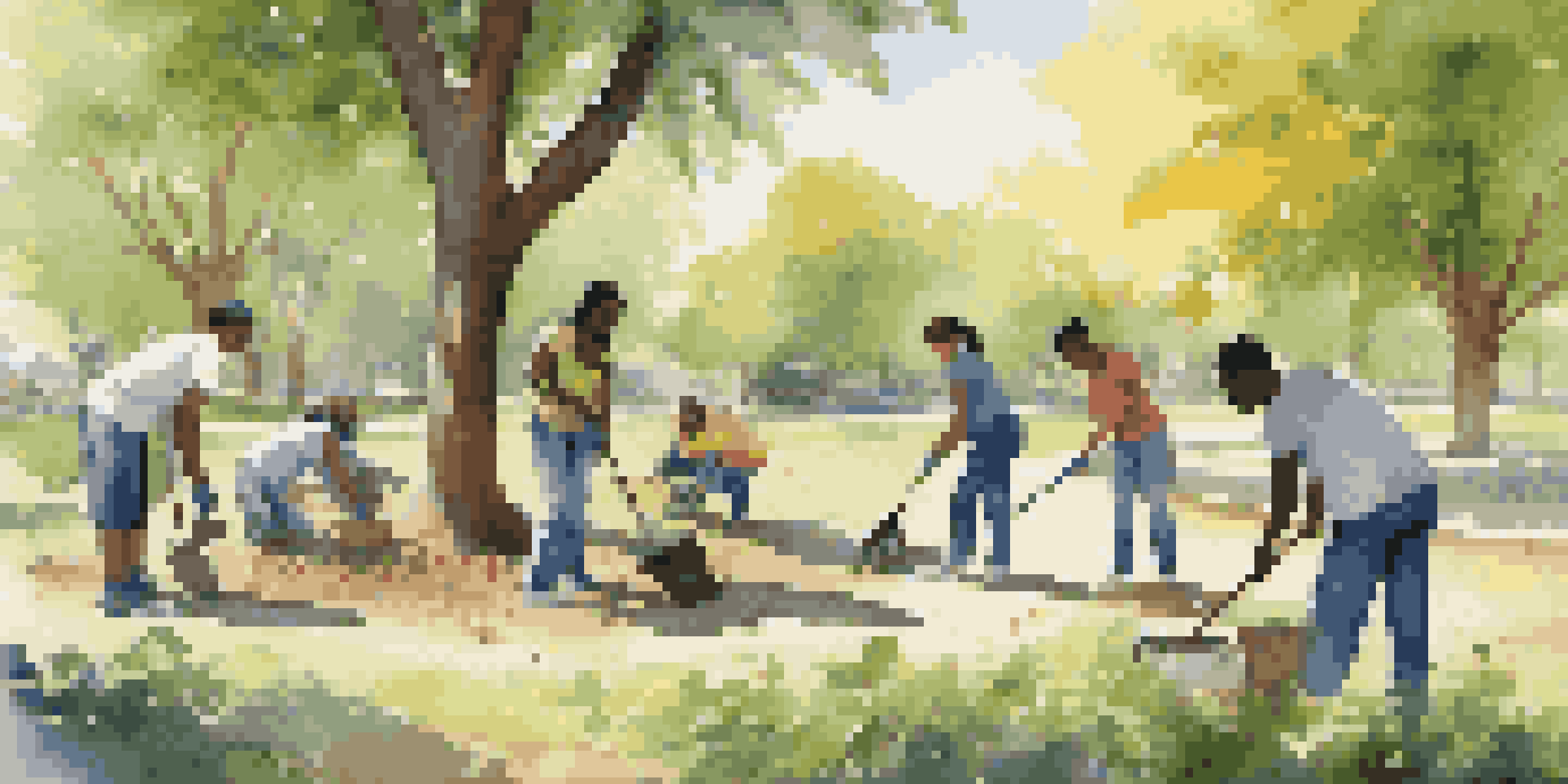 A group of diverse volunteers working together to clean a park, surrounded by trees and sunlight.