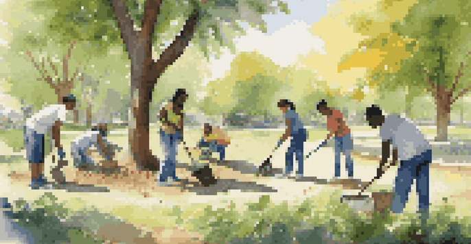 A group of diverse volunteers working together to clean a park, surrounded by trees and sunlight.