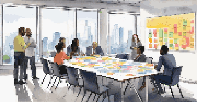 A group of diverse professionals collaborating in a bright conference room, sharing ideas and notes.