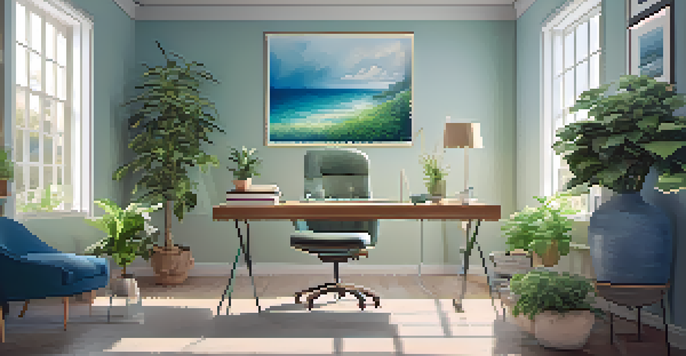 A person practicing mindfulness at a desk in a bright office with plants and motivational quotes on the wall.