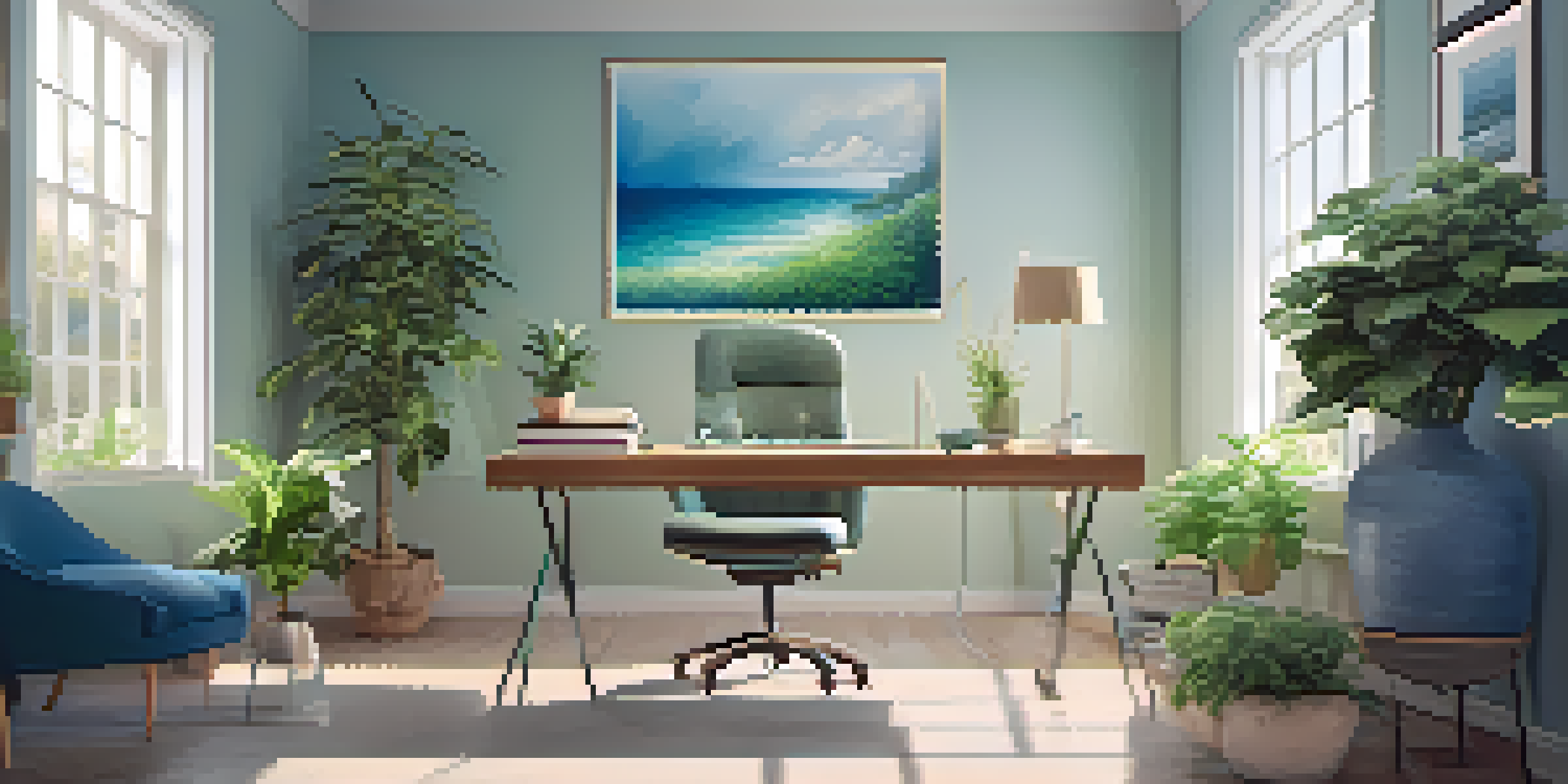 A person practicing mindfulness at a desk in a bright office with plants and motivational quotes on the wall.