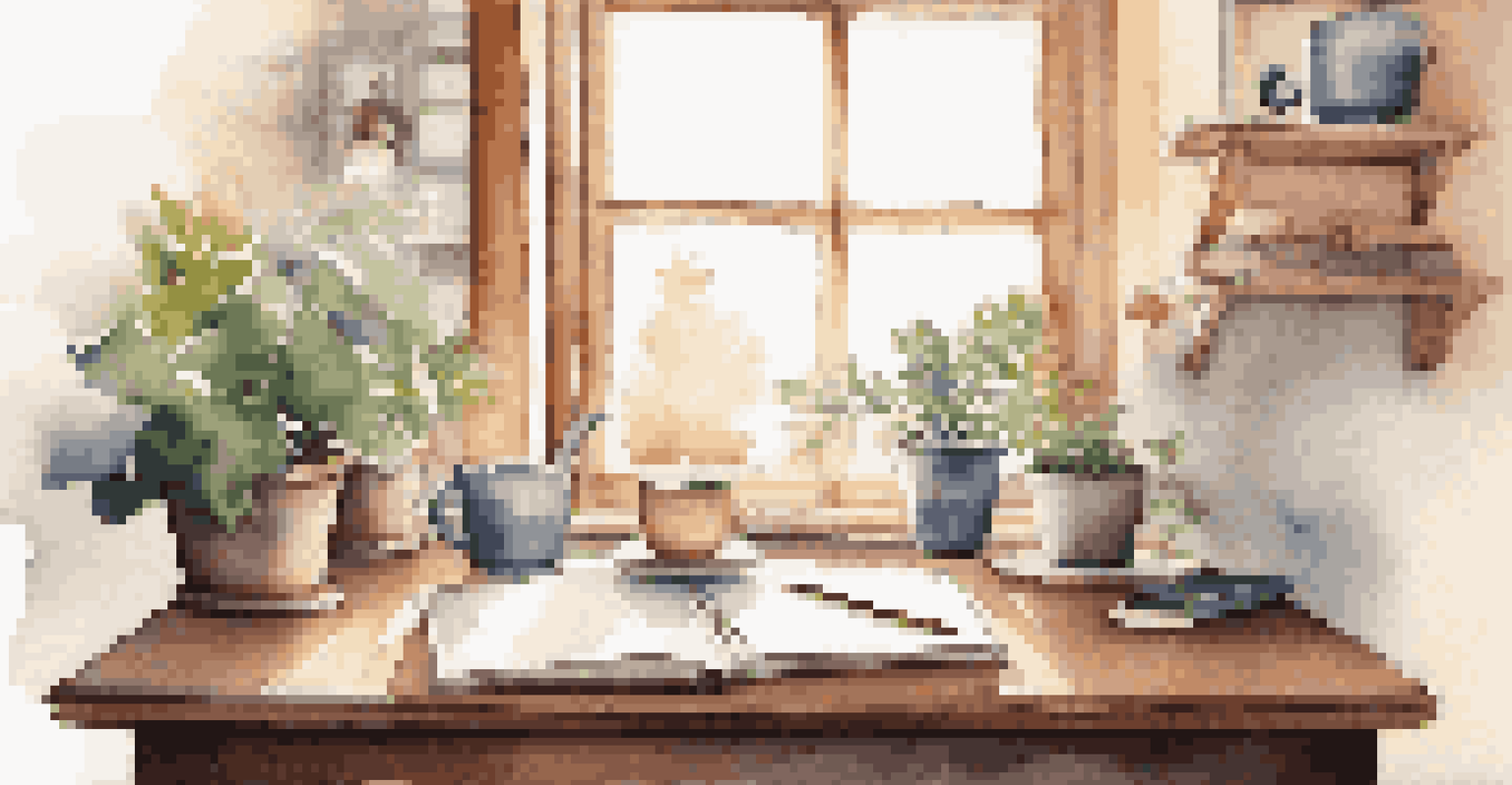 A cozy workspace with an open notebook, coffee, and a potted plant in warm natural light.