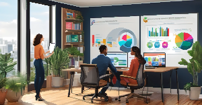A diverse group of professionals participating in a video conference in a modern home office, with colorful charts visible on the screen.