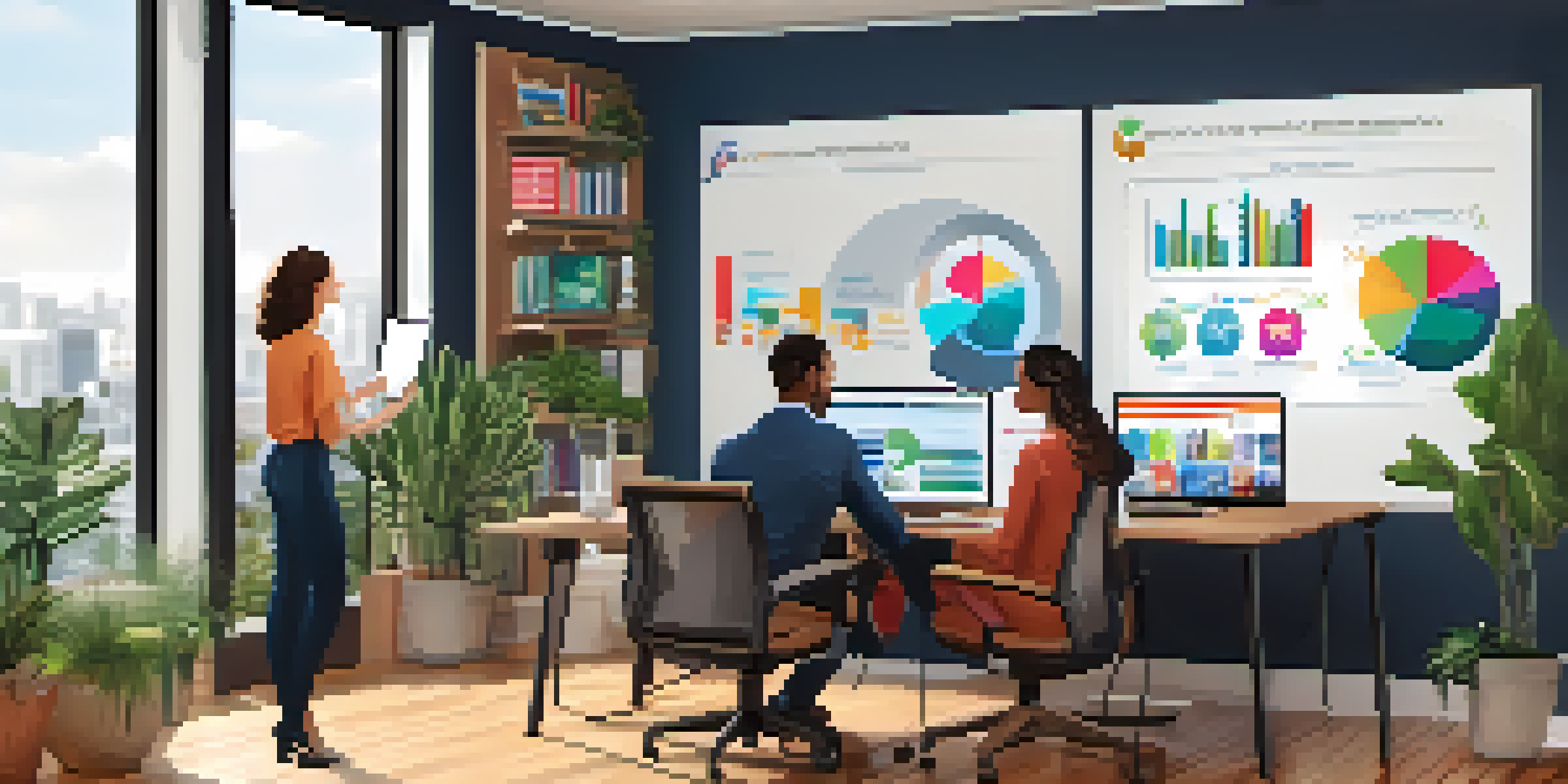 A diverse group of professionals participating in a video conference in a modern home office, with colorful charts visible on the screen.