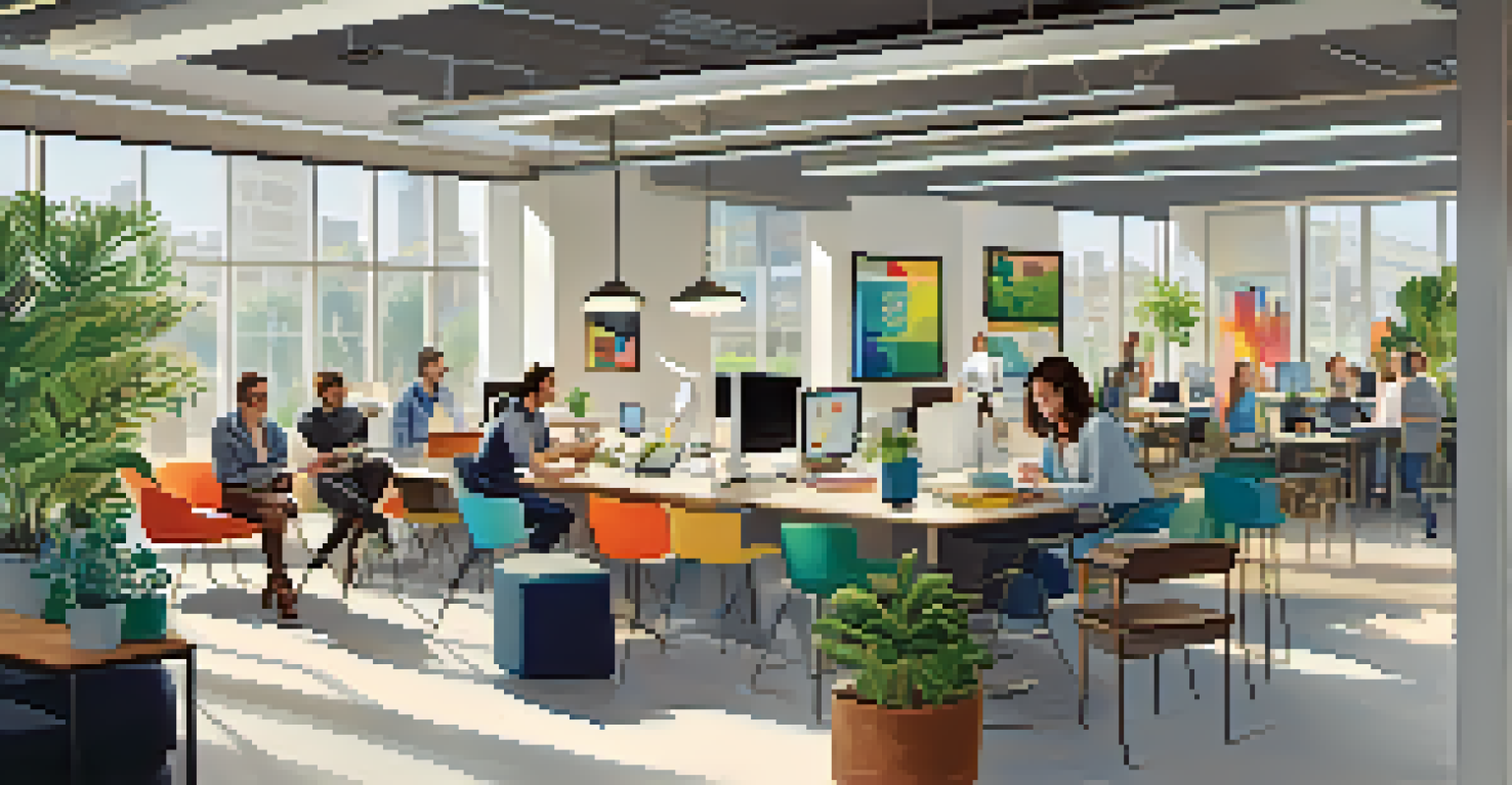 An open office environment showcasing teams of employees collaborating, with modern furniture and colorful decor, highlighting a vibrant workplace culture.