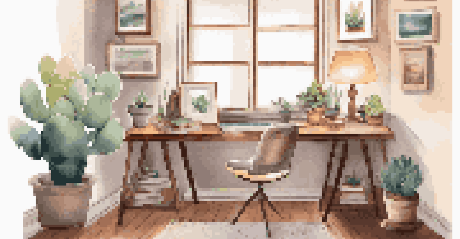 A cozy corner home office in a living room with personal decorations, a desk lamp, and a small succulent plant.