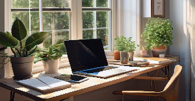 A bright home office with a laptop, coffee cup, and plants, illuminated by morning sunlight.