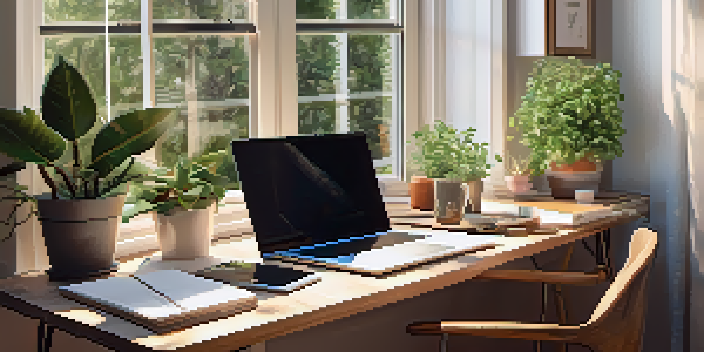 A bright home office with a laptop, coffee cup, and plants, illuminated by morning sunlight.