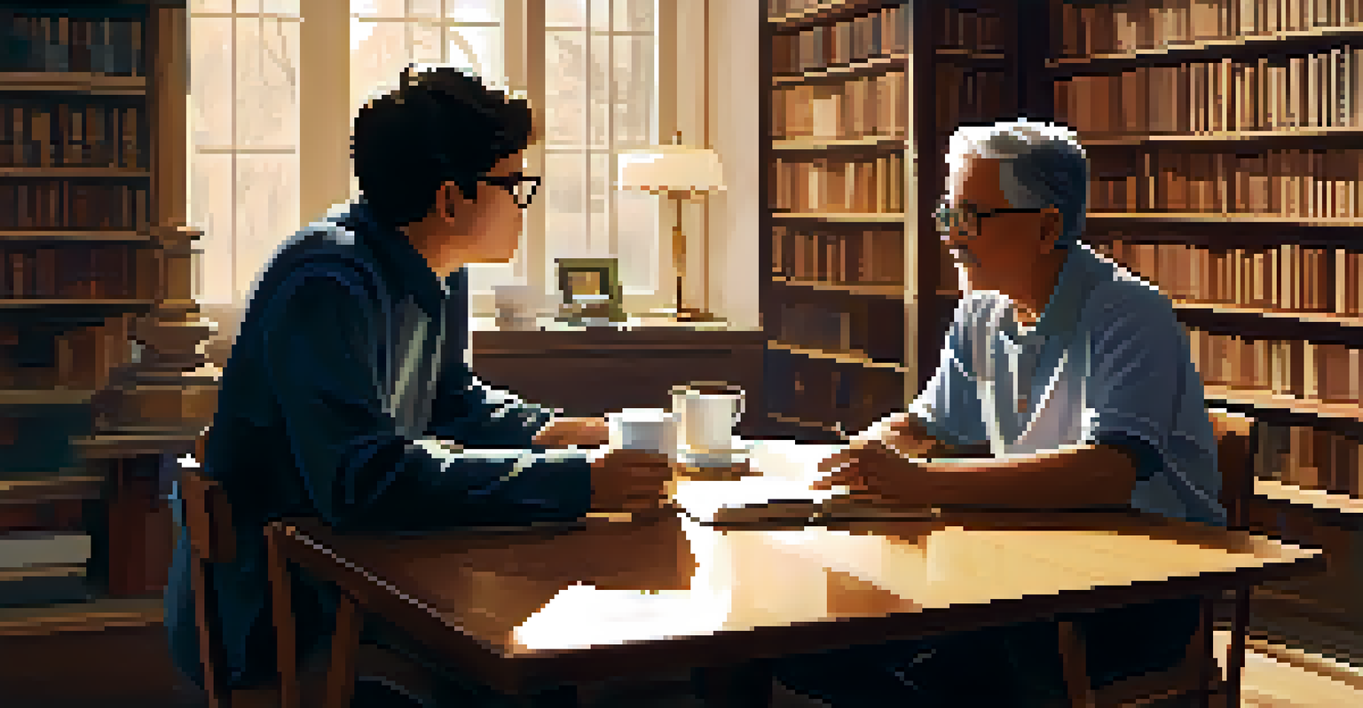 A mentor and mentee having a coffee conversation in a cozy room, sharing insights and guidance.