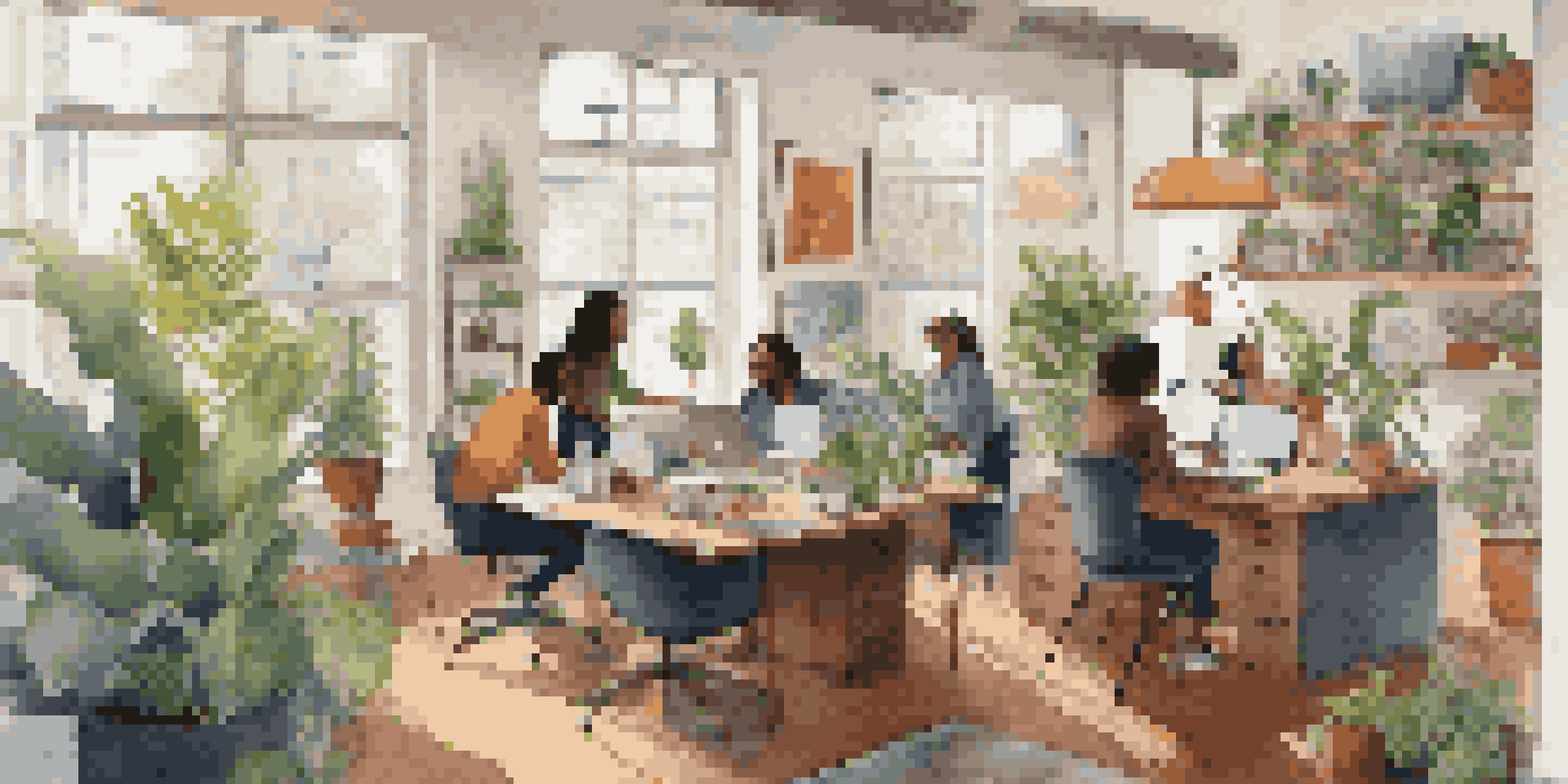 A collaborative workspace with diverse gig workers in a bright home office, surrounded by plants and colorful artwork.