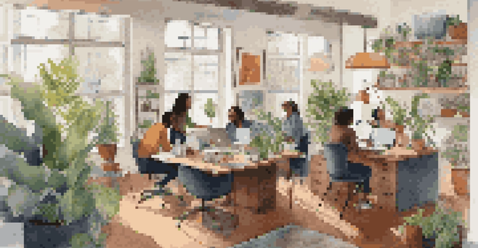 A collaborative workspace with diverse gig workers in a bright home office, surrounded by plants and colorful artwork.