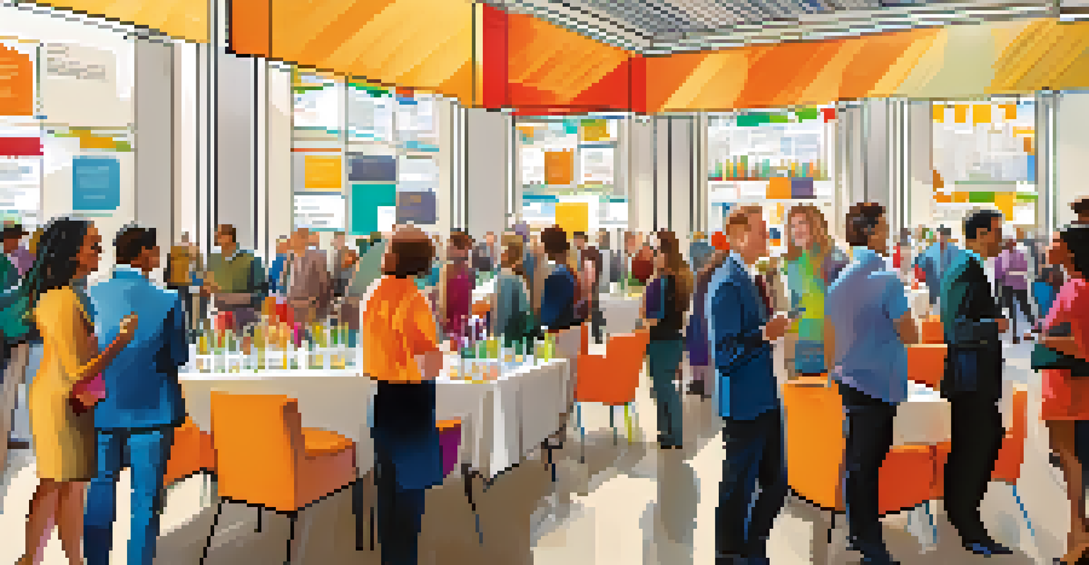 A networking event in a modern conference hall with attendees engaging in conversations and exchanging business cards.