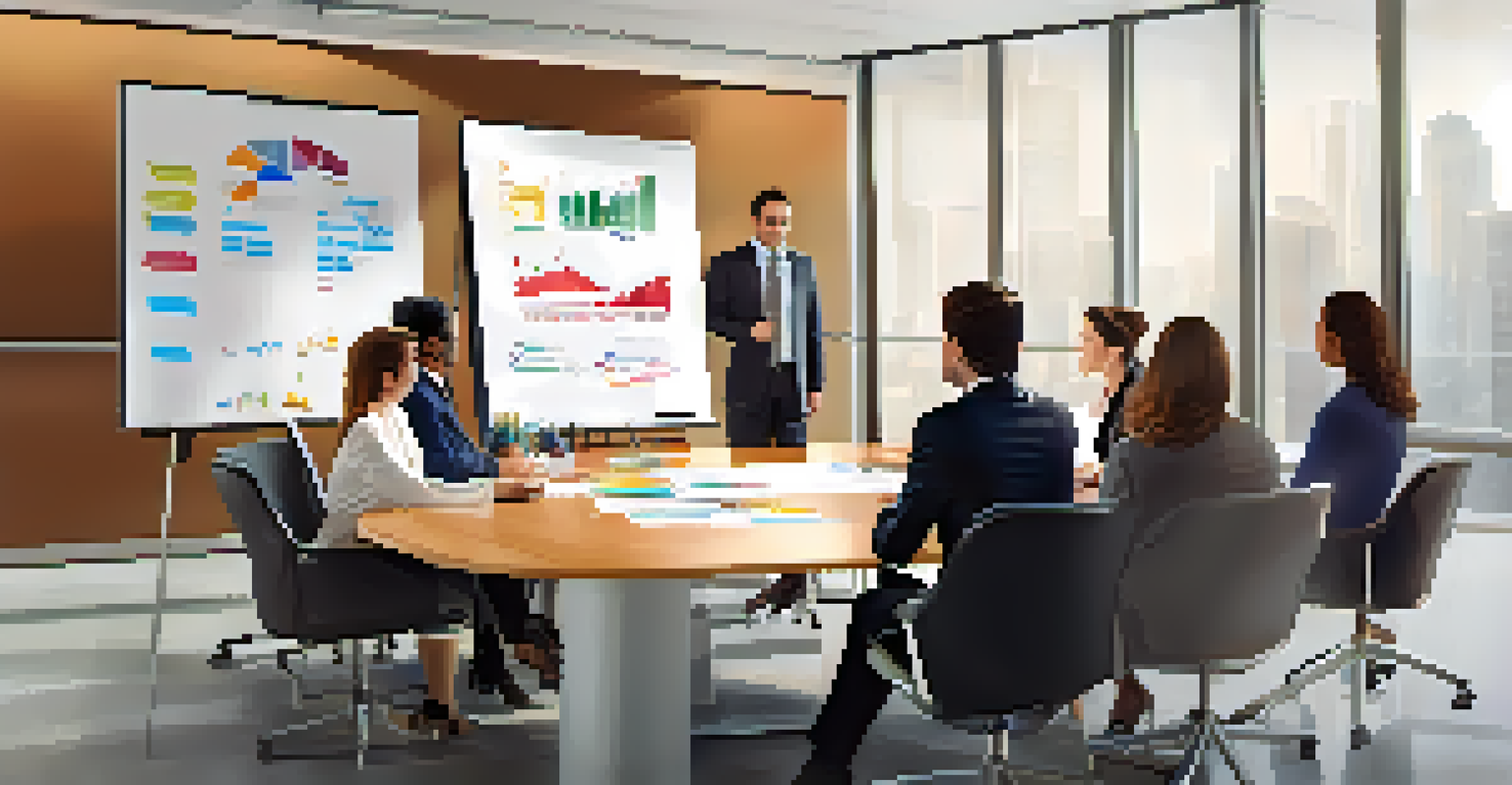 A diverse group of professionals in a modern office, with a woman mentoring others at a conference table, surrounded by charts and notes.