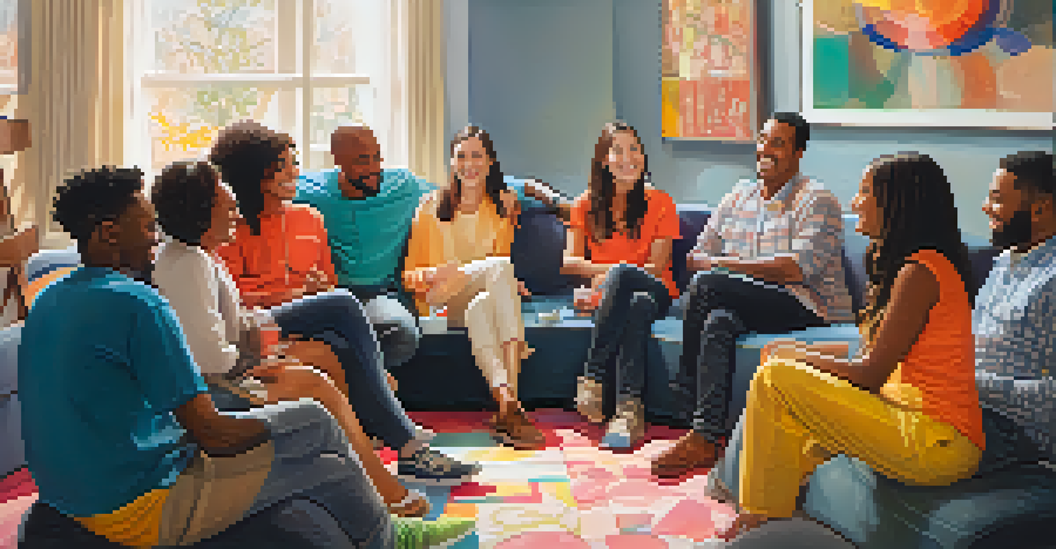 A diverse group of individuals engaged in a supportive circle discussion, showcasing smiles and a sense of community with colorful cushions around them.