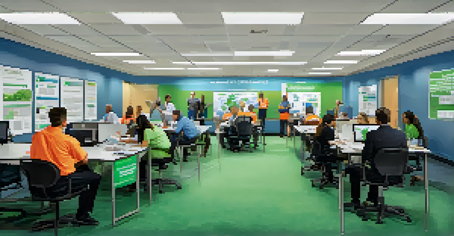 Employees participating in an emergency preparedness drill in a corporate office.