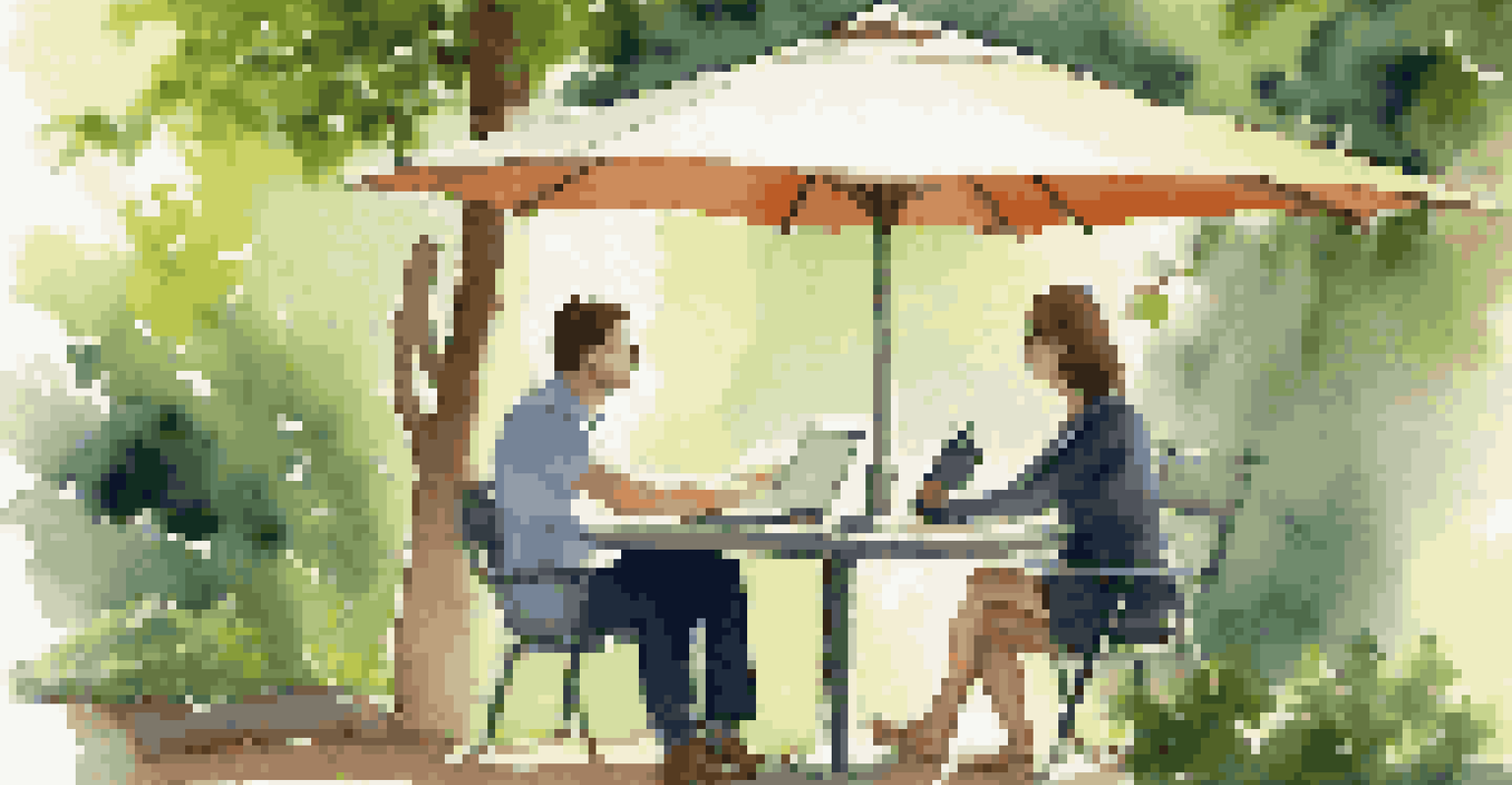 Two professionals having a coffee meeting outdoors, engaged in conversation with a laptop and notepad.