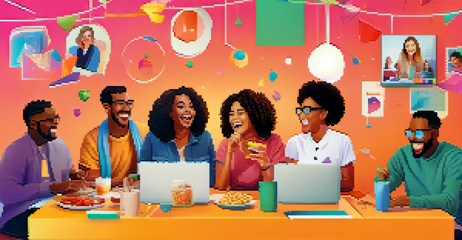 Remote workers enjoying a virtual team-building activity, smiling and laughing with snacks on their desks and colorful decorations around.