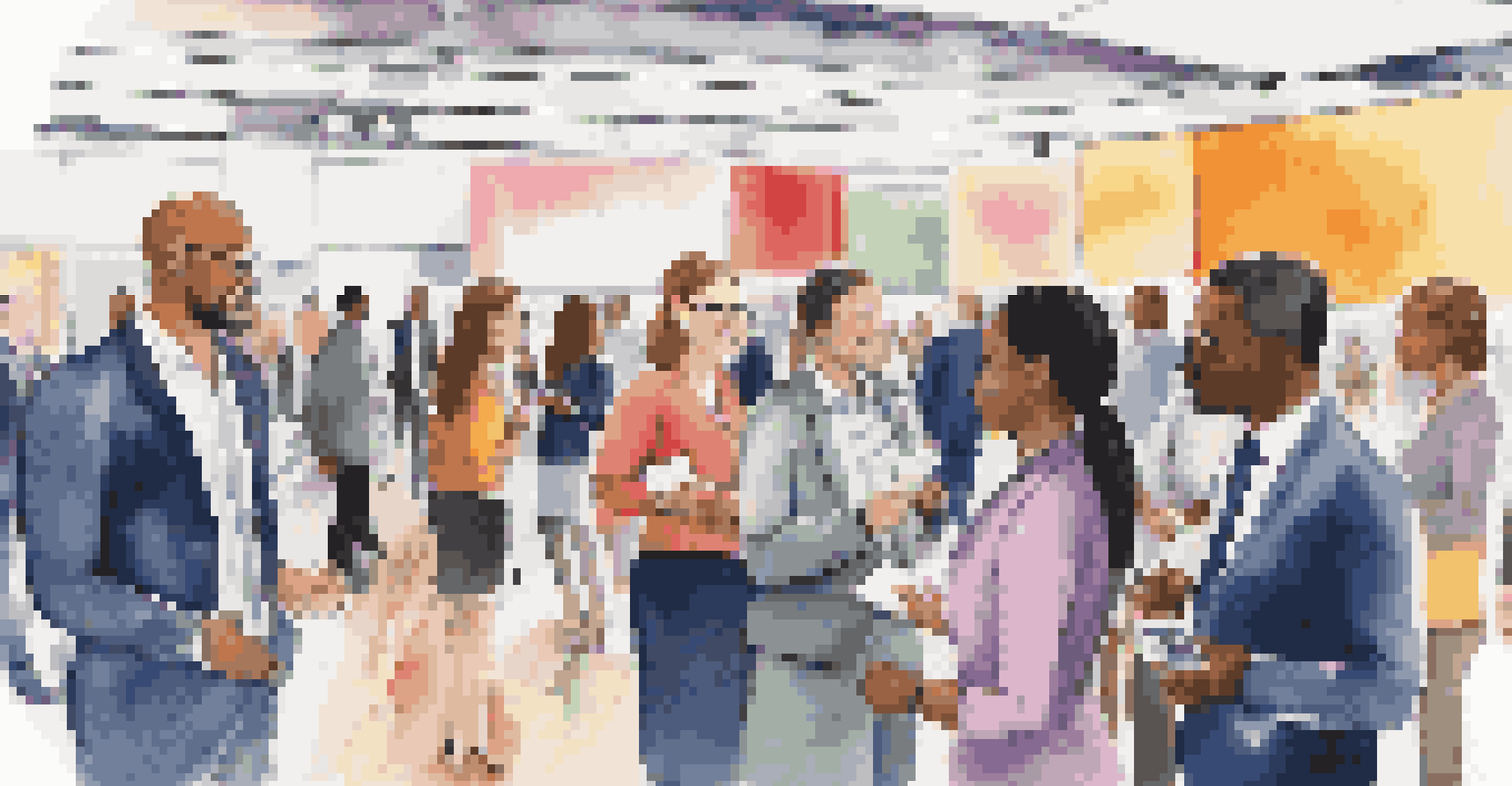 A diverse group of professionals networking at an event, exchanging ideas and business cards.
