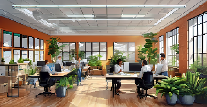 A diverse team of employees working together in a bright, modern office with natural light and plants.