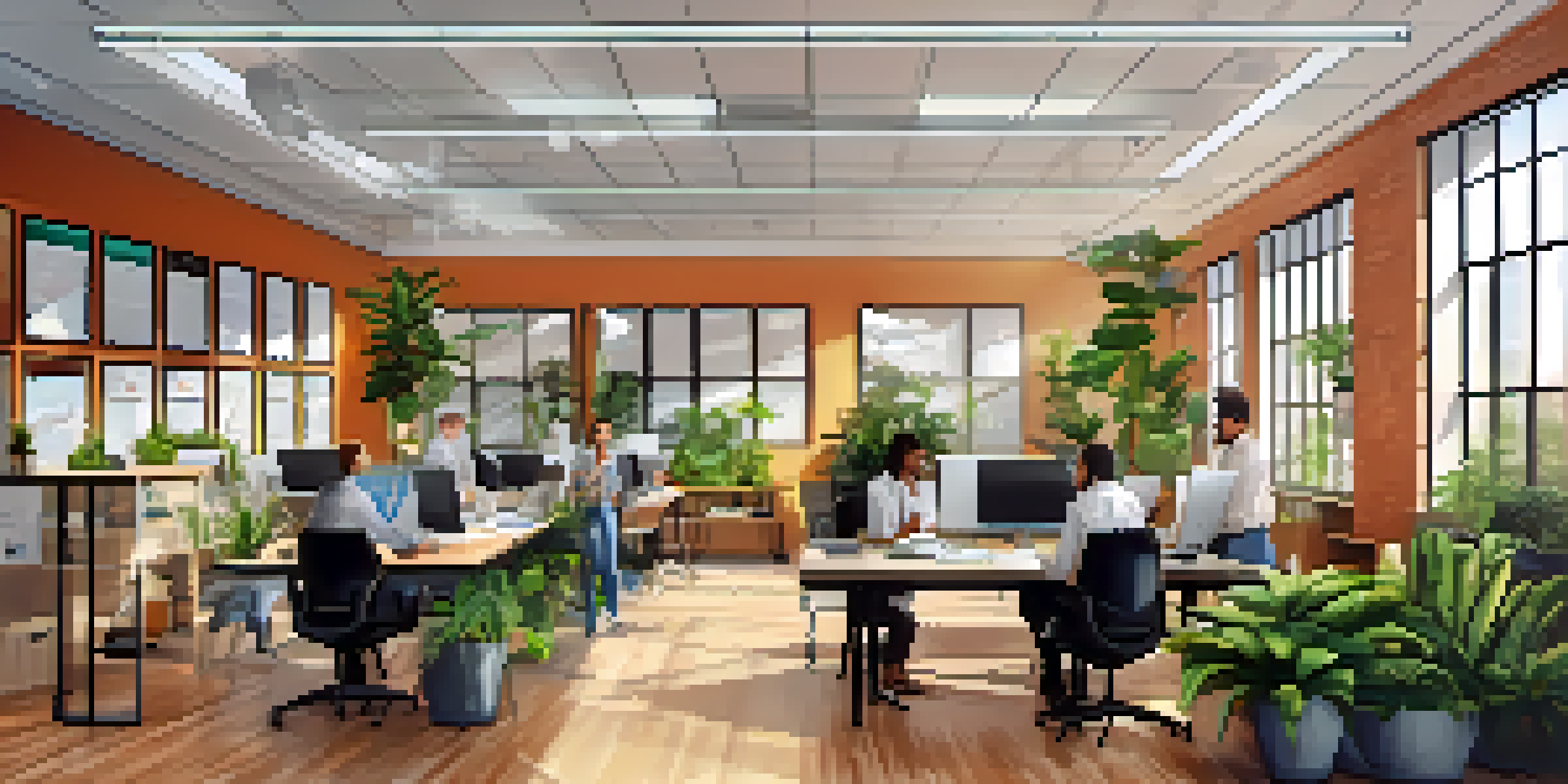 A diverse team of employees working together in a bright, modern office with natural light and plants.